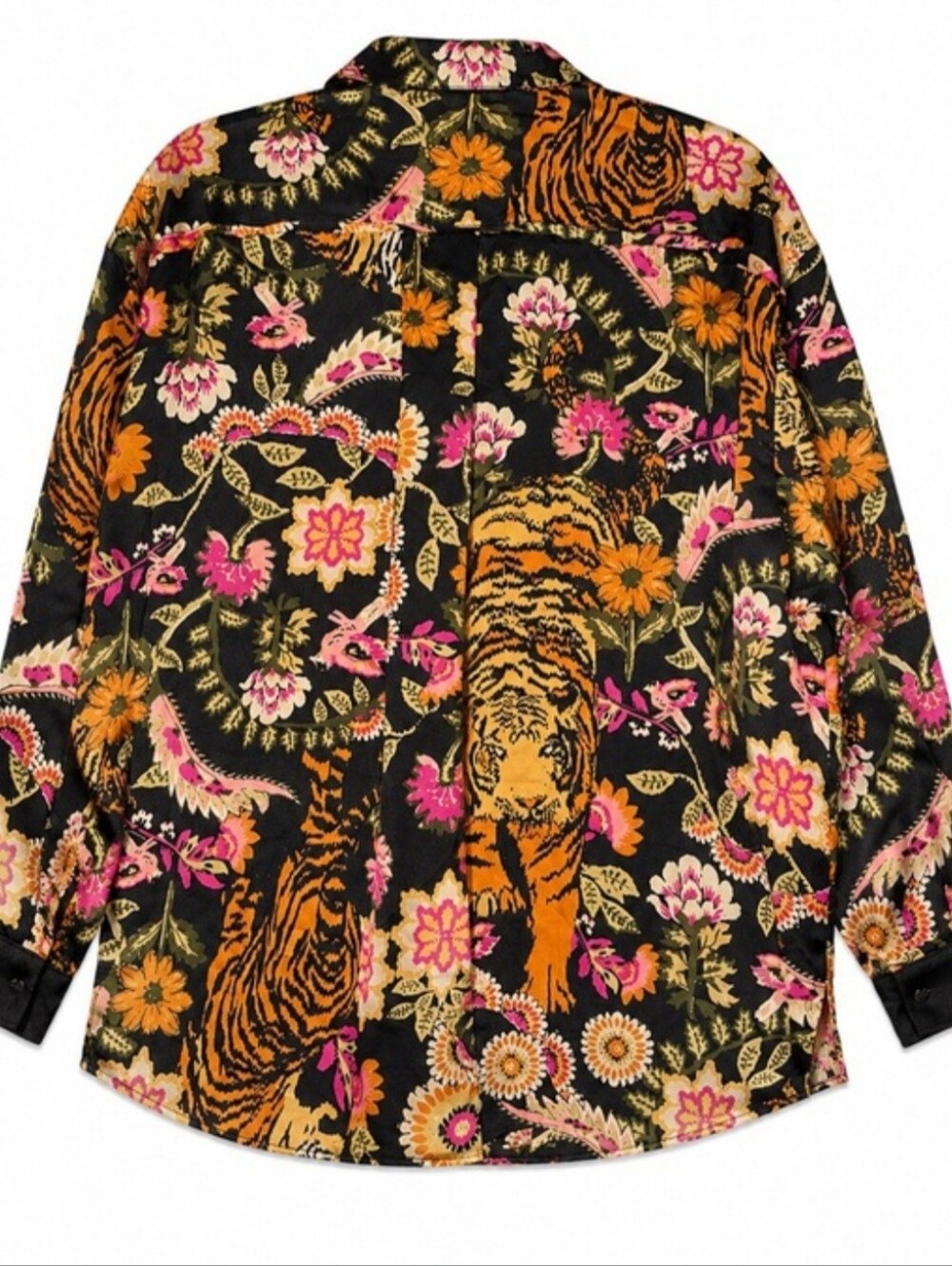 Free People Tiger Floral Satin Button Down Long Sleeve Pajama Top Medium Black - Picture 5 of 10